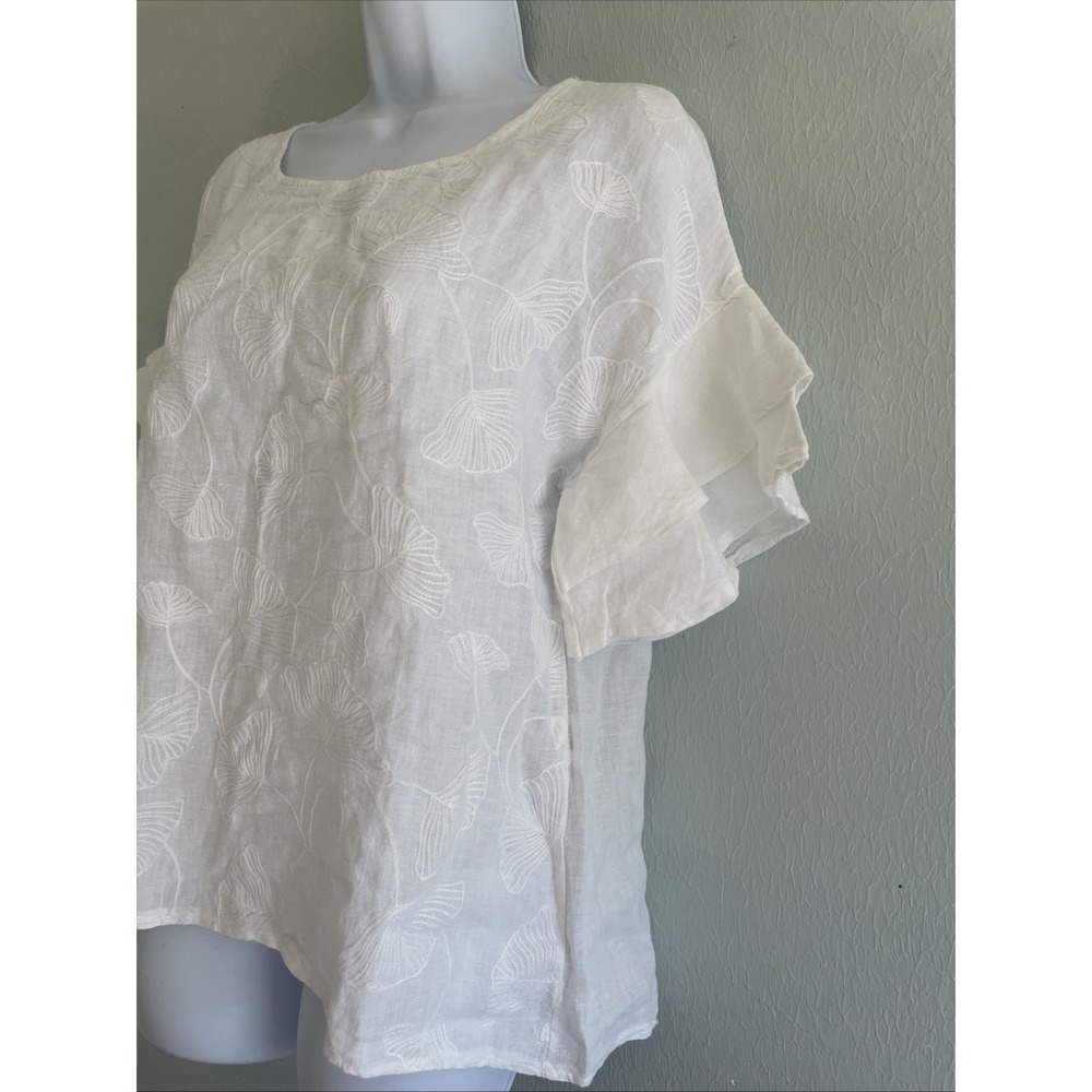 VALENTINA NALDI Made in Italy White 100% Linen Embroidered Ruffle Sleeve Top S - Picture 2 of 6